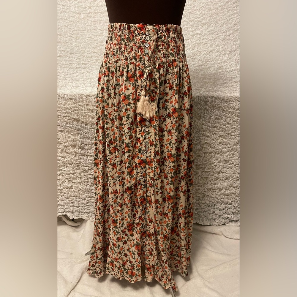 Cynthia Rowley Floral Button Front Midi Skirt With Tassles